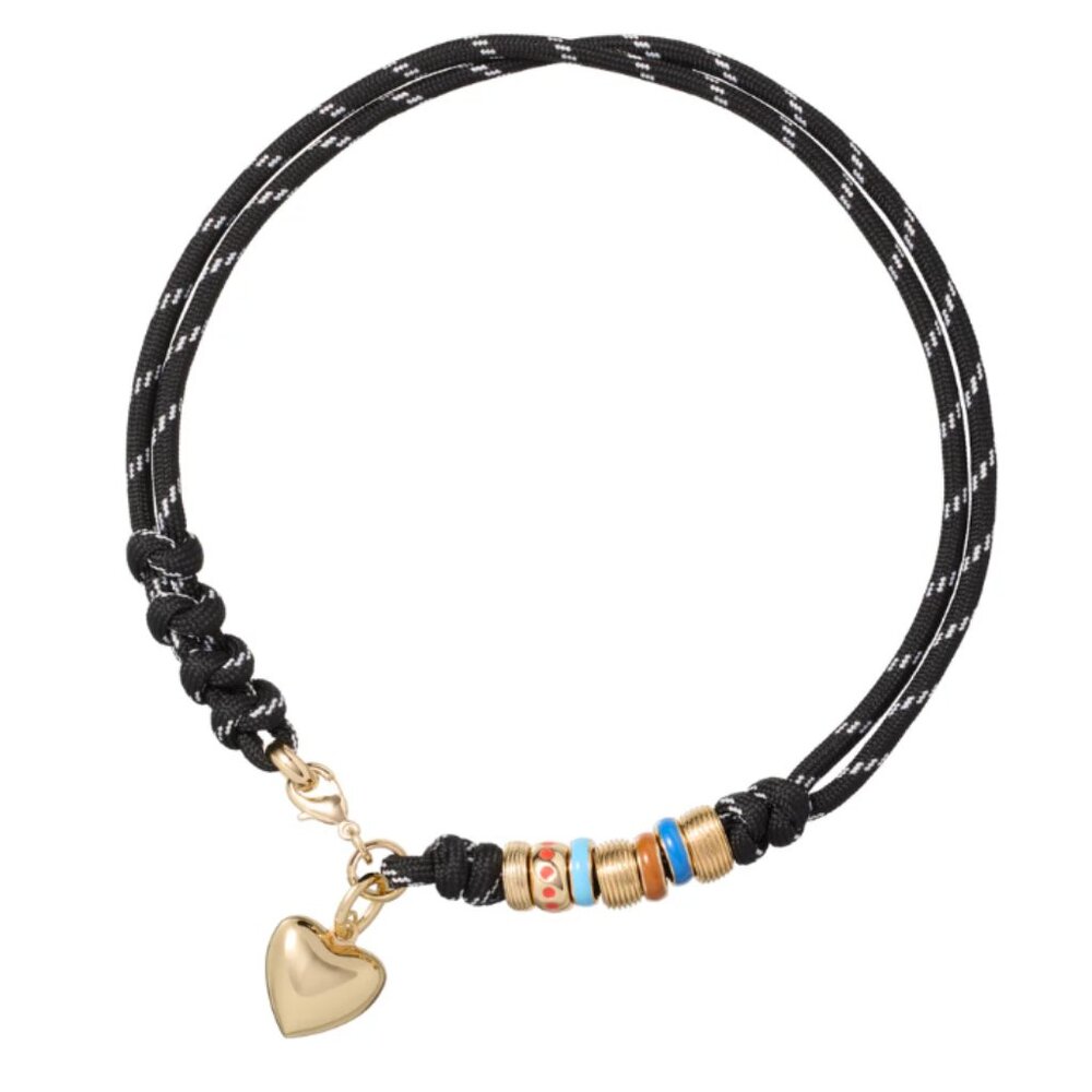 Roxanne Assoulin Black Cord Necklace with Gold Heart and Multicolor Beads